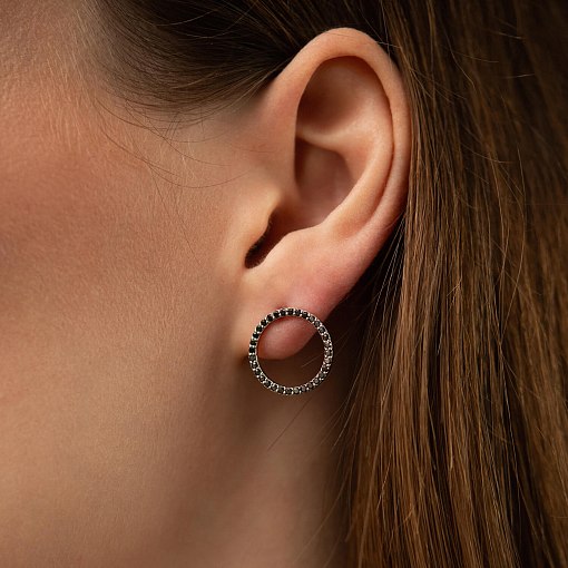 Золотые серьги - пусеты "Круговорот" (черные бриллианты) сб0485м 2