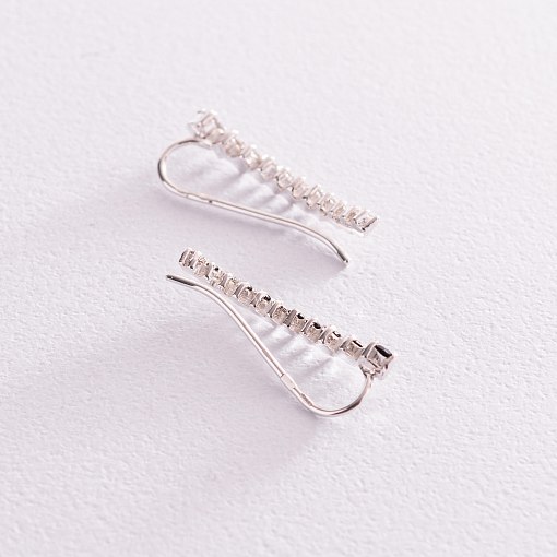 Срібні асиметричні сережки - клаймбери (одна сережки з чорними фіанітами, друга з білими) 123155 3